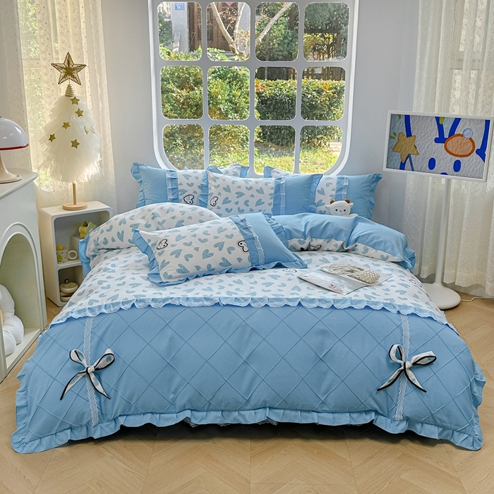 91家纺网 家纺一手货源 找家纺 金米诺 2024新款蝴蝶结韩版蕾丝花边床裙四件套 卡萌-钛白