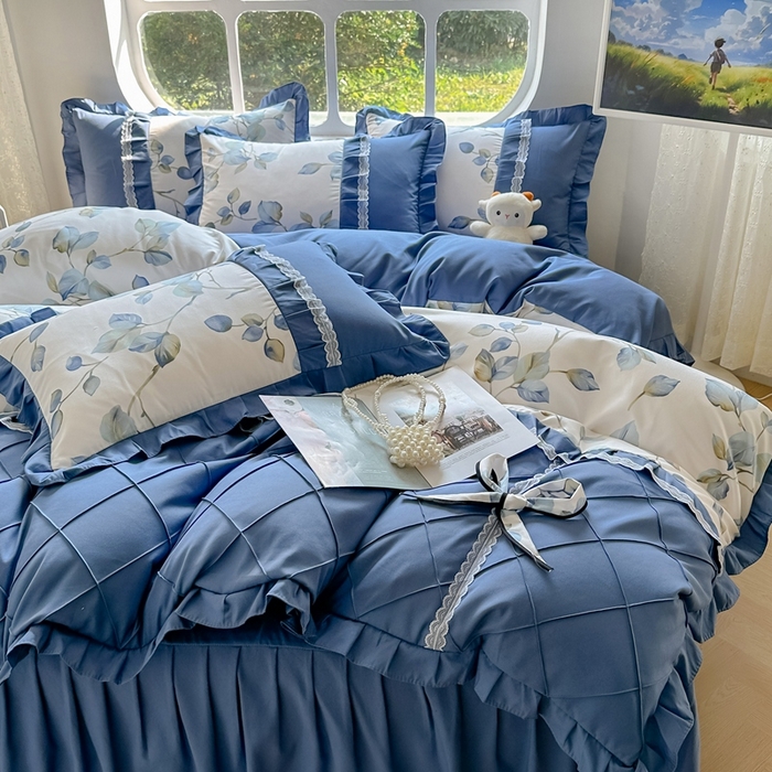 91家纺网 家纺一手货源 找家纺 金米诺 2024新款蝴蝶结韩版蕾丝花边床裙四件套 澜叶-珍珠白