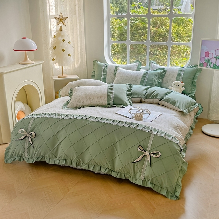 91家纺网 家纺一手货源 找家纺 金米诺 2024新款蝴蝶结韩版蕾丝花边床裙四件套 悠悠香草-米杏