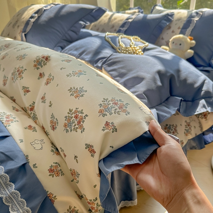 91家纺网 家纺一手货源 找家纺 金米诺 2024新款蝴蝶结韩版蕾丝花边床裙四件套 爱丽丝花园