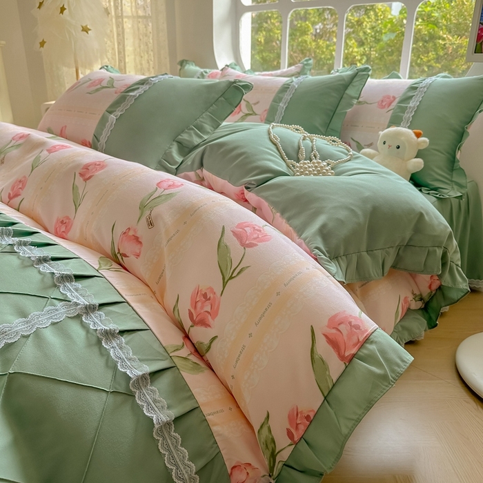 91家纺网 家纺一手货源 找家纺 金米诺 2024新款蝴蝶结韩版蕾丝花边床裙四件套 泫雅-樱桃粉