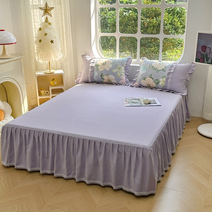 91家纺网 家纺一手货源 找家纺 金米诺 2024新款蝴蝶结韩版蕾丝花边床裙四件套 雨后花园-清新灰