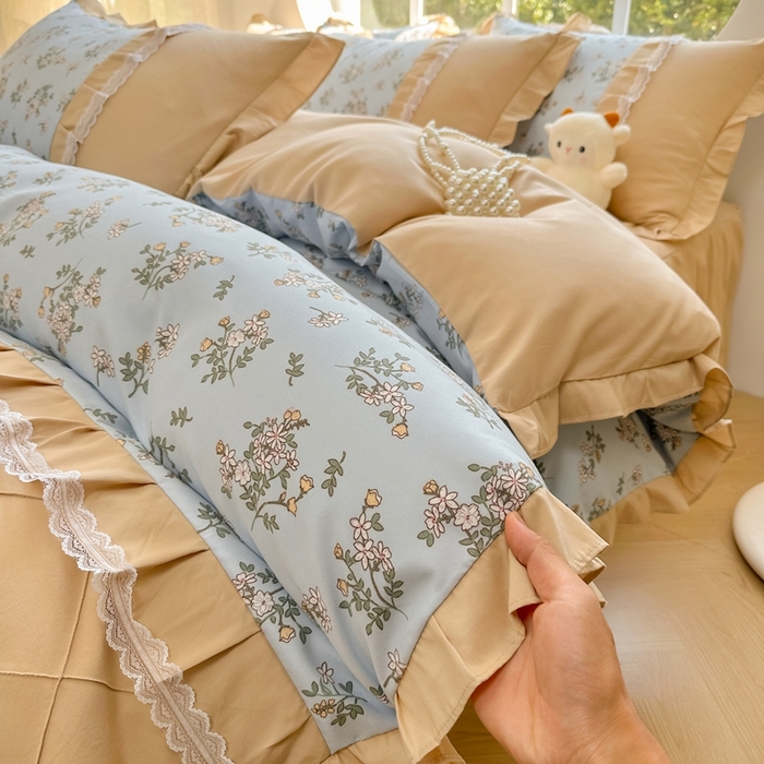 91家纺网 家纺一手货源 找家纺 金米诺 2024新款蝴蝶结韩版蕾丝花边床裙四件套 苏雅-天空蓝