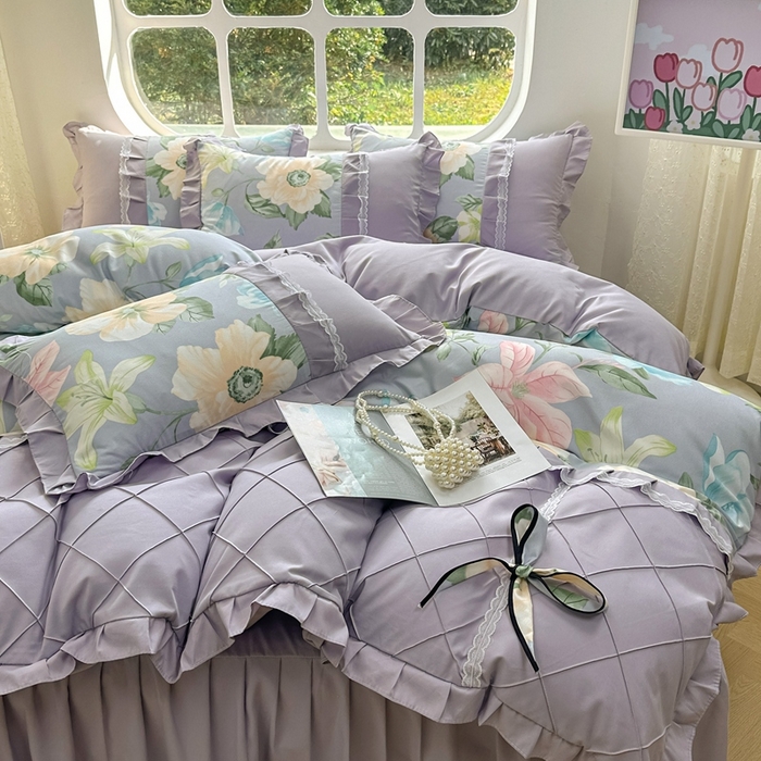 91家纺网 家纺一手货源 找家纺 金米诺 2024新款蝴蝶结韩版蕾丝花边床裙四件套 雨后花园-清新灰