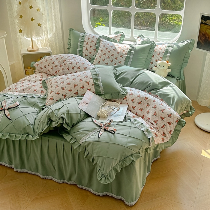 91家纺网 家纺一手货源 找家纺 金米诺 2024新款蝴蝶结韩版蕾丝花边床裙四件套 妆立春风-米