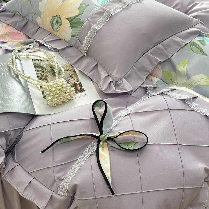 91家纺网 家纺一手货源 找家纺 金米诺 2024新款蝴蝶结韩版蕾丝花边床裙四件套 雨后花园-清新灰