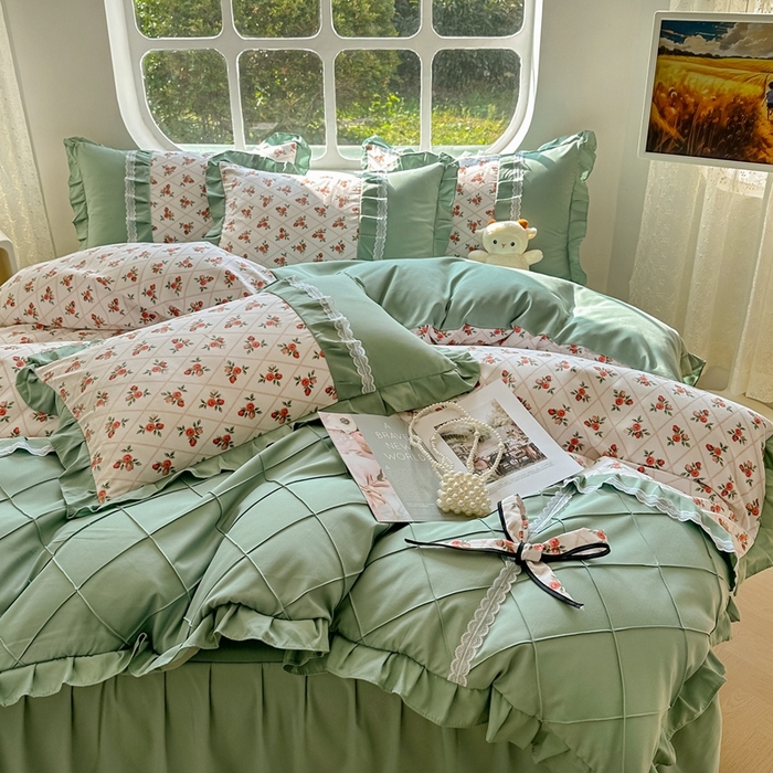 91家纺网 家纺一手货源 找家纺 金米诺 2024新款蝴蝶结韩版蕾丝花边床裙四件套 妆立春风-米