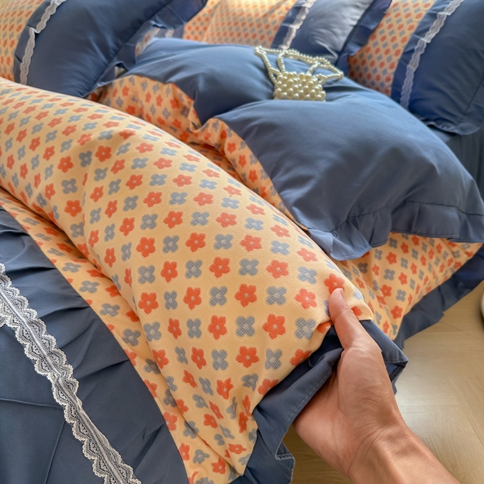 91家纺网 家纺一手货源 找家纺 金米诺 2024新款蝴蝶结韩版蕾丝花边床裙四件套 蒙德里安-香桔