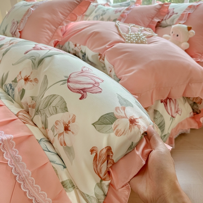 91家纺网 家纺一手货源 找家纺 金米诺 2024新款蝴蝶结韩版蕾丝花边床裙四件套 蔷薇岛屿-阳光米