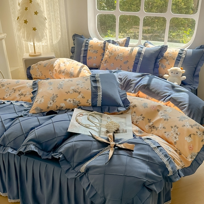 91家纺网 家纺一手货源 找家纺 金米诺 2024新款蝴蝶结韩版蕾丝花边床裙四件套 莫颜-浅驼