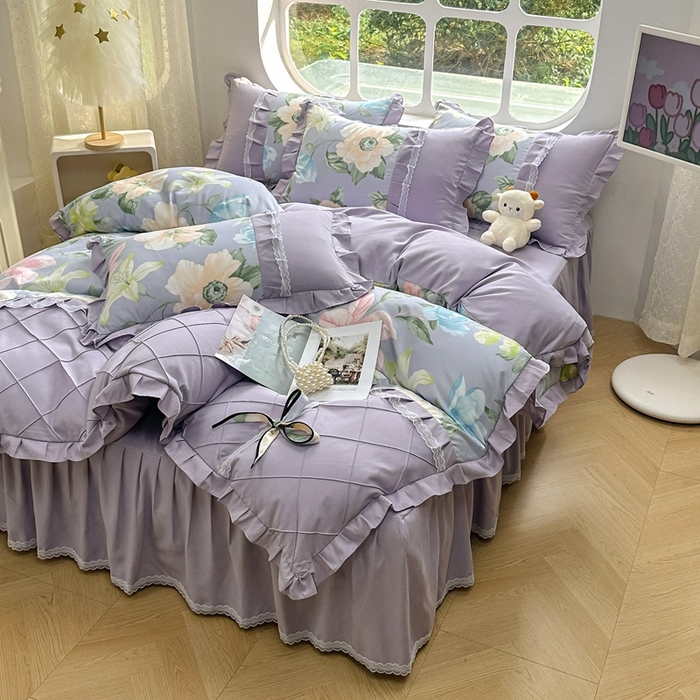 91家纺网 家纺一手货源 找家纺 金米诺 2024新款蝴蝶结韩版蕾丝花边床裙四件套 雨后花园-清新灰