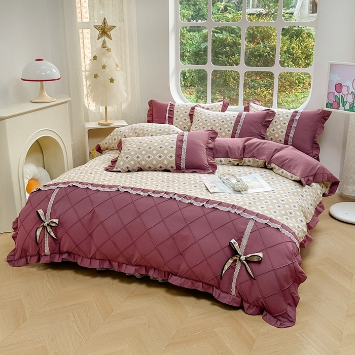 91家纺网 家纺一手货源 找家纺 金米诺 2024新款蝴蝶结韩版蕾丝花边床裙四件套 浮城迷恋-绿灰