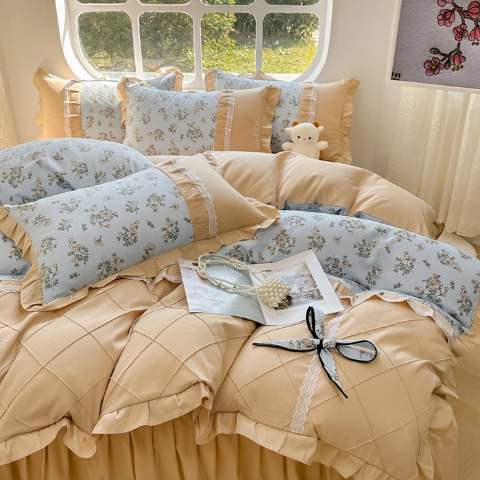 91家纺网 家纺一手货源 找家纺 金米诺 2024新款蝴蝶结韩版蕾丝花边床裙四件套 苏雅-天空蓝