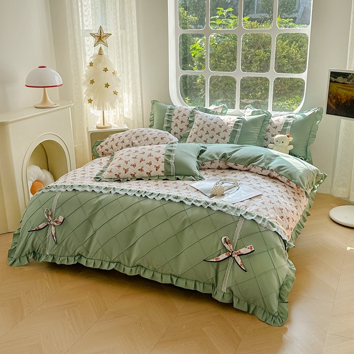 91家纺网 家纺一手货源 找家纺 金米诺 2024新款蝴蝶结韩版蕾丝花边床裙四件套 妆立春风-米