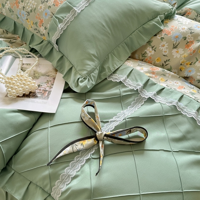 91家纺网 家纺一手货源 找家纺 金米诺 2024新款蝴蝶结韩版蕾丝花边床裙四件套 香草集-灰绿