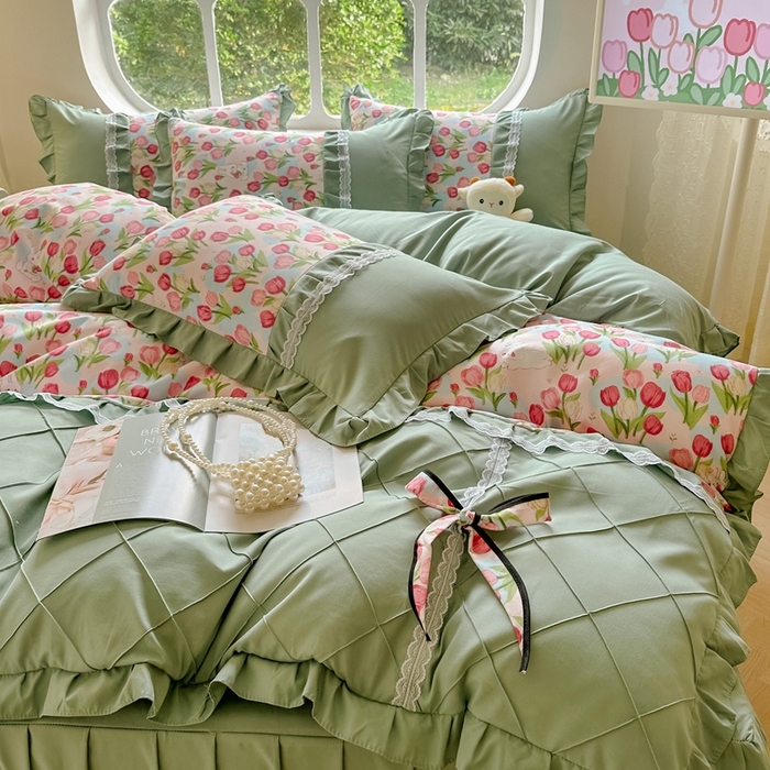 91家纺网 家纺一手货源 找家纺 金米诺 2024新款蝴蝶结韩版蕾丝花边床裙四件套 郁金小兔-粉玉