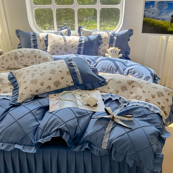 91家纺网 家纺一手货源 找家纺 金米诺 2024新款蝴蝶结韩版蕾丝花边床裙四件套 爱丽丝花园