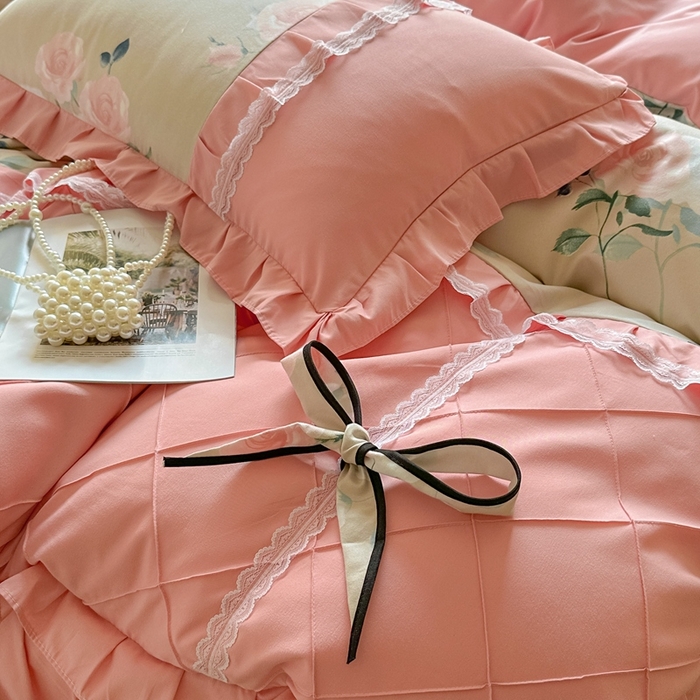 91家纺网 家纺一手货源 找家纺 金米诺 2024新款蝴蝶结韩版蕾丝花边床裙四件套 洛阳花开-米驼