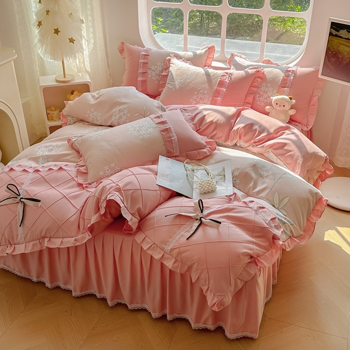 91家纺网 家纺一手货源 找家纺 金米诺 2024新款蝴蝶结韩版蕾丝花边床裙四件套 沐辰花开-芙蓉玉