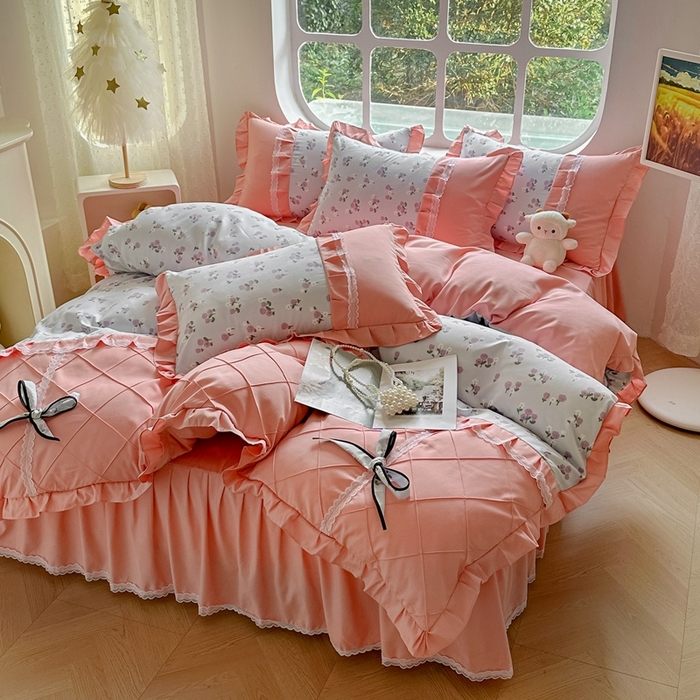 91家纺网 家纺一手货源 找家纺 金米诺 2024新款蝴蝶结韩版蕾丝花边床裙四件套 锦香婷-沁蓝