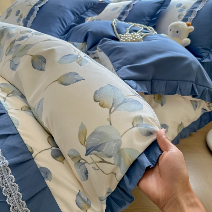 91家纺网 家纺一手货源 找家纺 金米诺 2024新款蝴蝶结韩版蕾丝花边床裙四件套 澜叶-珍珠白