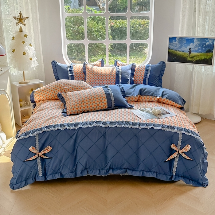 91家纺网 家纺一手货源 找家纺 金米诺 2024新款蝴蝶结韩版蕾丝花边床裙四件套 蒙德里安-香桔