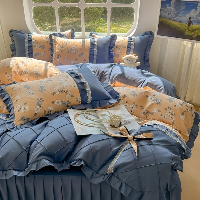 91家纺网 家纺一手货源 找家纺 金米诺 2024新款蝴蝶结韩版蕾丝花边床裙四件套 莫颜-浅驼