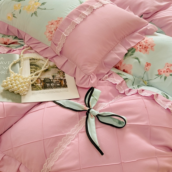 91家纺网 家纺一手货源 找家纺 金米诺 2024新款蝴蝶结韩版蕾丝花边床裙四件套 思郁法情-浅蓝