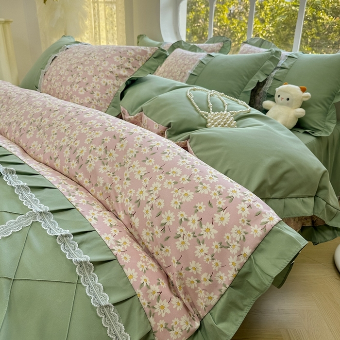 91家纺网 家纺一手货源 找家纺 金米诺 2024新款蝴蝶结韩版蕾丝花边床裙四件套 小雏菊-樱花粉