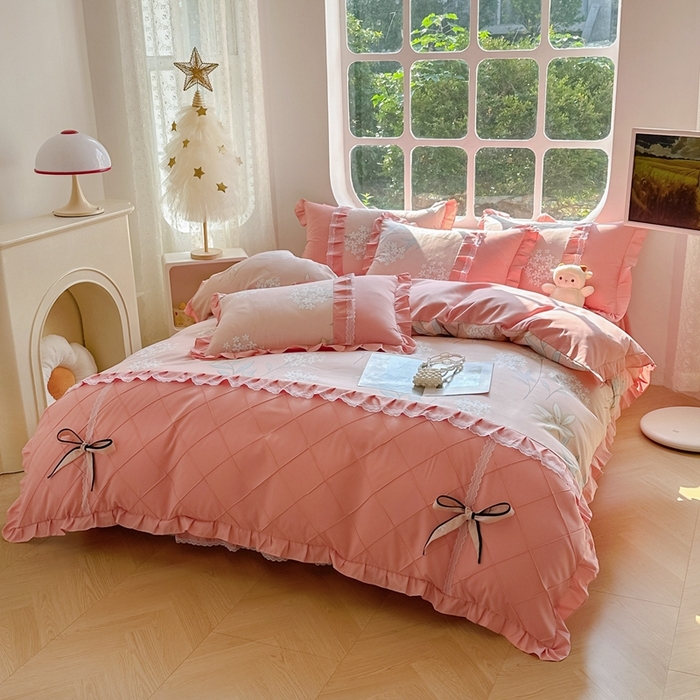 91家纺网 家纺一手货源 找家纺 金米诺 2024新款蝴蝶结韩版蕾丝花边床裙四件套 沐辰花开-芙蓉玉