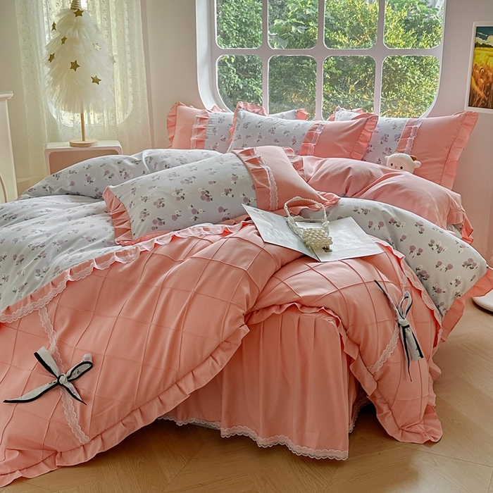 91家纺网 家纺一手货源 找家纺 金米诺 2024新款蝴蝶结韩版蕾丝花边床裙四件套 锦香婷-沁蓝