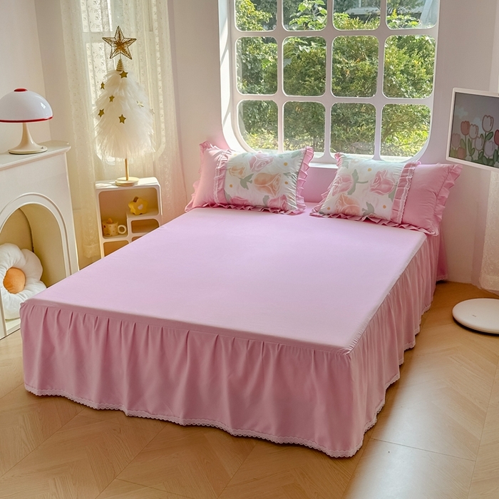 91家纺网 家纺一手货源 找家纺 金米诺 2024新款蝴蝶结韩版蕾丝花边床裙四件套 郁金花开-玫瑰粉