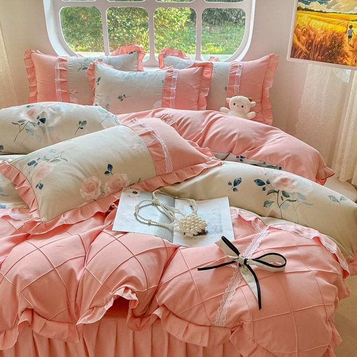 91家纺网 家纺一手货源 找家纺 金米诺 2024新款蝴蝶结韩版蕾丝花边床裙四件套 洛阳花开-米驼