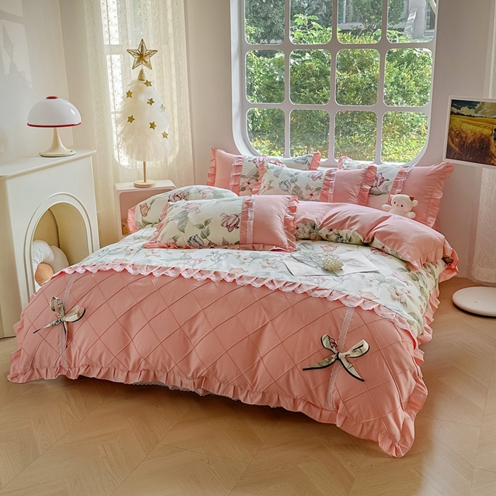 91家纺网 家纺一手货源 找家纺 金米诺 2024新款蝴蝶结韩版蕾丝花边床裙四件套 蔷薇岛屿-阳光米