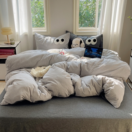 2023新款ins水洗棉色织大眼睛毛巾绣花多巴胺少女纯棉系列四件套 水洗棉-大眼灰条灰