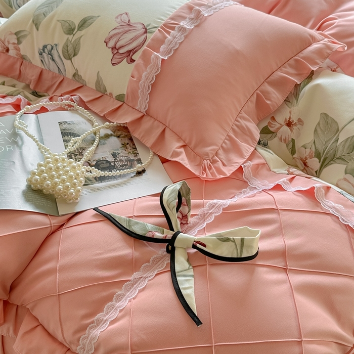 91家纺网 家纺一手货源 找家纺 金米诺 2024新款蝴蝶结韩版蕾丝花边床裙四件套 蔷薇岛屿-阳光米