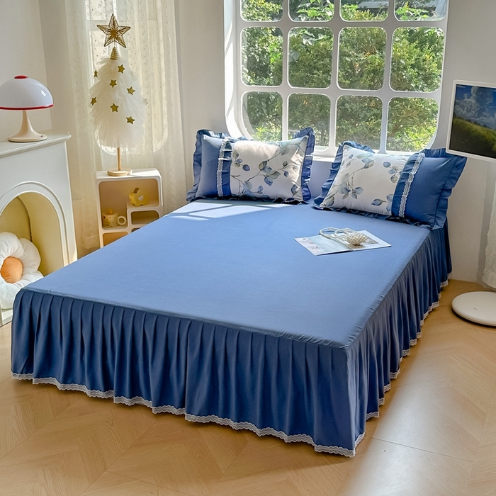 91家纺网 家纺一手货源 找家纺 金米诺 2024新款蝴蝶结韩版蕾丝花边床裙四件套 澜叶-珍珠白