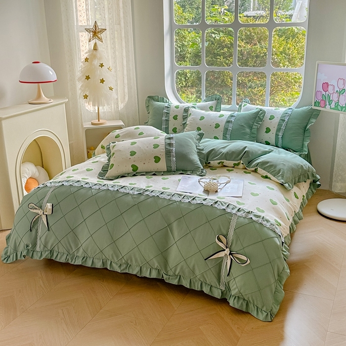 91家纺网 家纺一手货源 找家纺 金米诺 2024新款蝴蝶结韩版蕾丝花边床裙四件套 米可-苹果绿