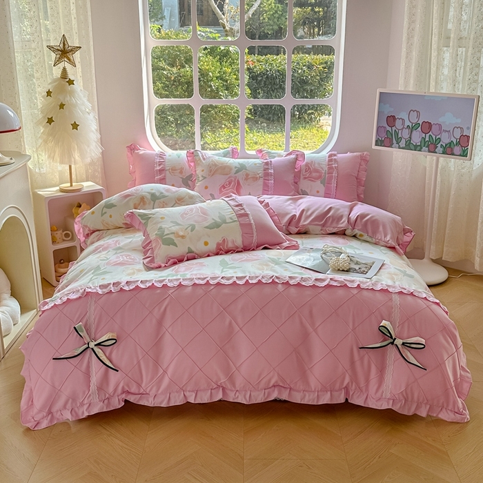 91家纺网 家纺一手货源 找家纺 金米诺 2024新款蝴蝶结韩版蕾丝花边床裙四件套 郁金花开-玫瑰粉