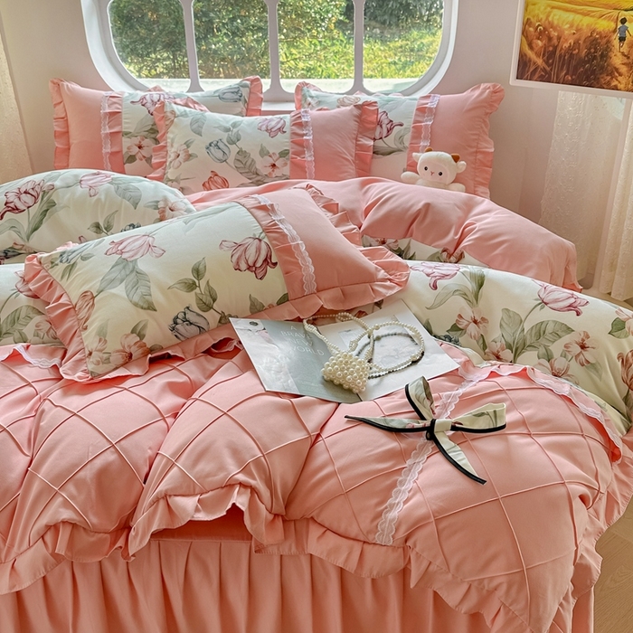 91家纺网 家纺一手货源 找家纺 金米诺 2024新款蝴蝶结韩版蕾丝花边床裙四件套 蔷薇岛屿-阳光米