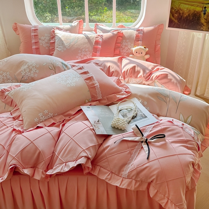 91家纺网 家纺一手货源 找家纺 金米诺 2024新款蝴蝶结韩版蕾丝花边床裙四件套 沐辰花开-芙蓉玉