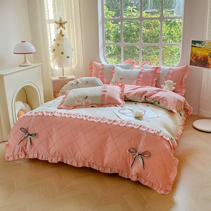 91家纺网 家纺一手货源 找家纺 金米诺 2024新款蝴蝶结韩版蕾丝花边床裙四件套 洛阳花开-米驼