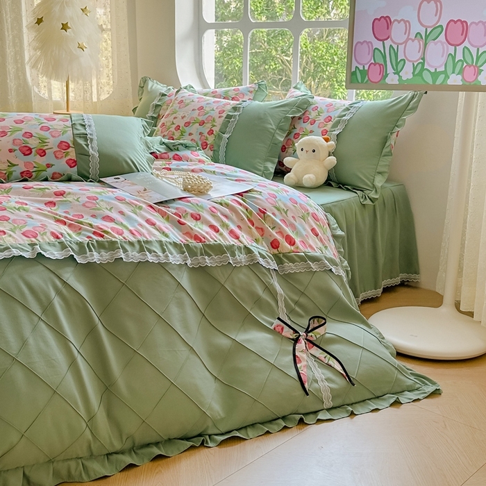 91家纺网 家纺一手货源 找家纺 金米诺 2024新款蝴蝶结韩版蕾丝花边床裙四件套 郁金小兔-粉玉