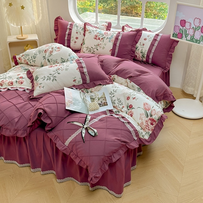 91家纺网 家纺一手货源 找家纺 金米诺 2024新款蝴蝶结韩版蕾丝花边床裙四件套 满园春色-清新白