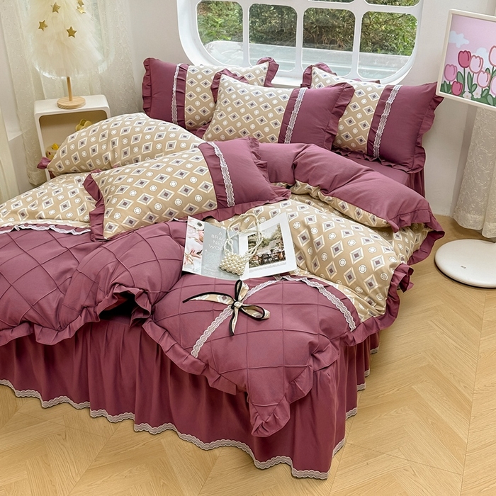 91家纺网 家纺一手货源 找家纺 金米诺 2024新款蝴蝶结韩版蕾丝花边床裙四件套 浮城迷恋-绿灰