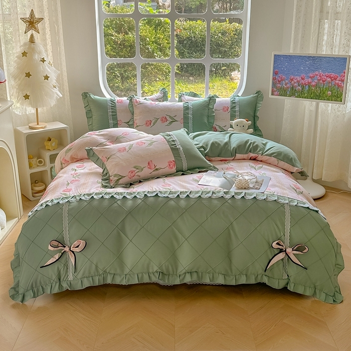 91家纺网 家纺一手货源 找家纺 金米诺 2024新款蝴蝶结韩版蕾丝花边床裙四件套 泫雅-樱桃粉