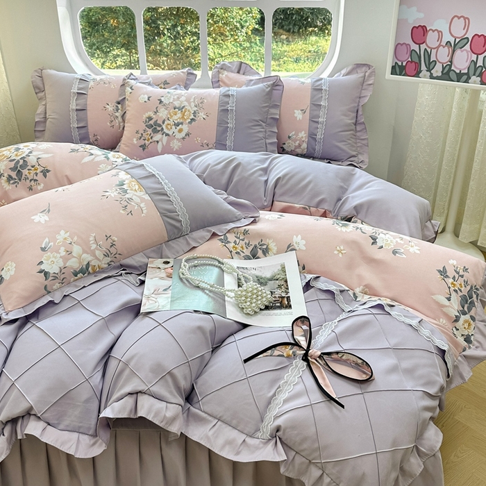 91家纺网 家纺一手货源 找家纺 金米诺 2024新款蝴蝶结韩版蕾丝花边床裙四件套 漫花山影-清新粉