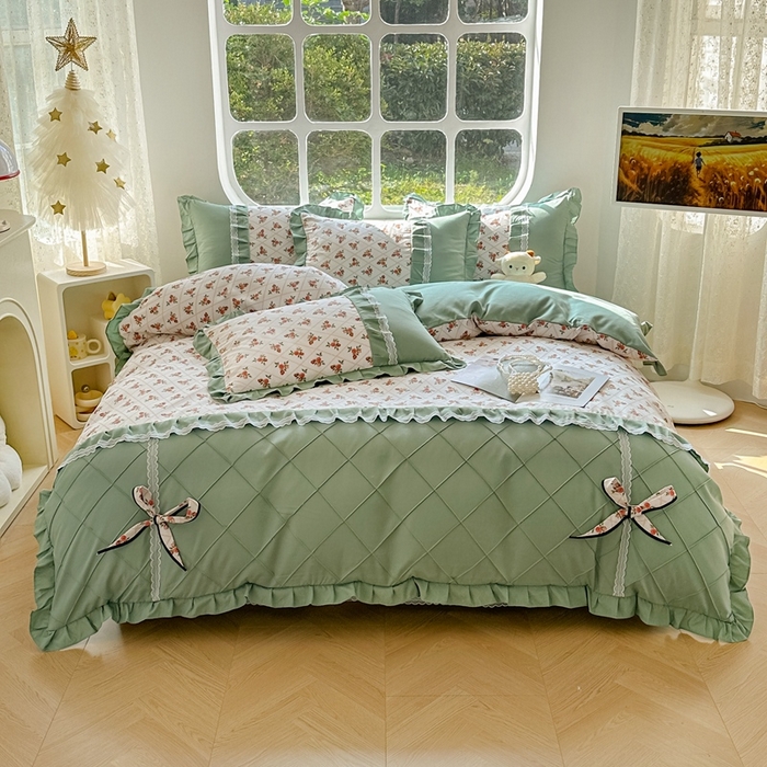 91家纺网 家纺一手货源 找家纺 金米诺 2024新款蝴蝶结韩版蕾丝花边床裙四件套 妆立春风-米