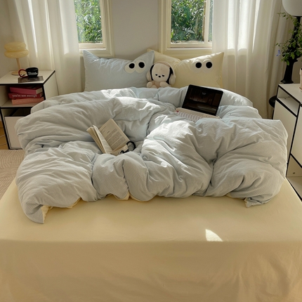 2023新款ins水洗棉色织大眼睛毛巾绣花多巴胺少女纯棉系列四件套 水洗棉-大眼蓝黄