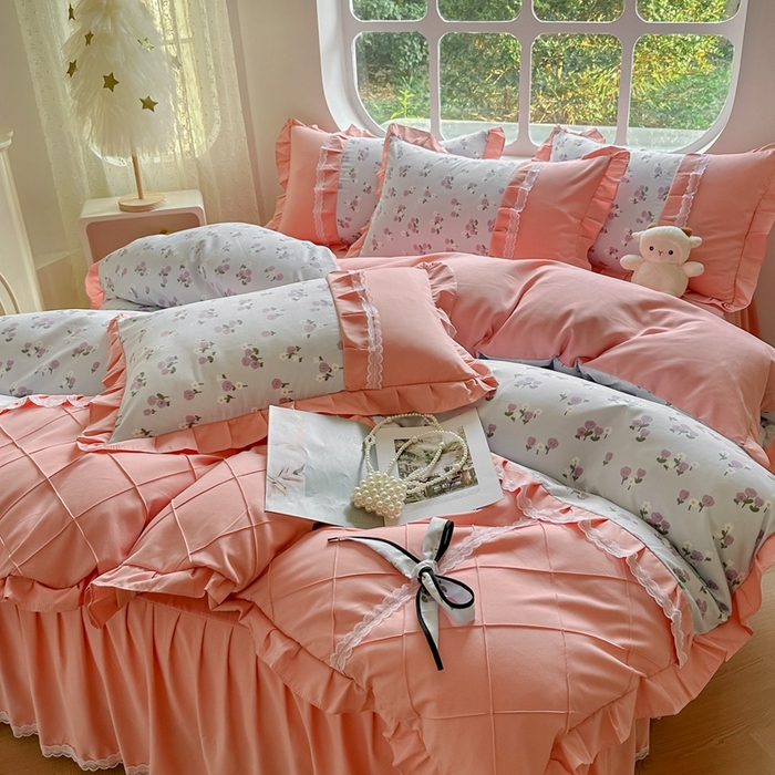 91家纺网 家纺一手货源 找家纺 金米诺 2024新款蝴蝶结韩版蕾丝花边床裙四件套 锦香婷-沁蓝